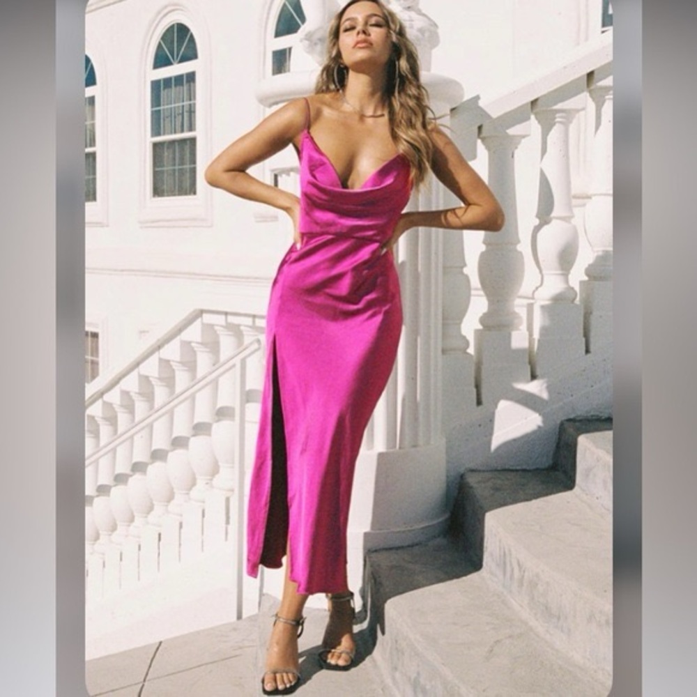 Lioness Fuchsia Satin Cowl Neck Maxi Dress